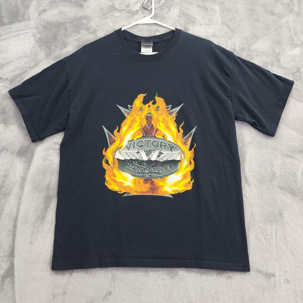 Vintage‎ Victory Motorcycles Shirt Mens L Black Flames Logo Graphic Tee Biker